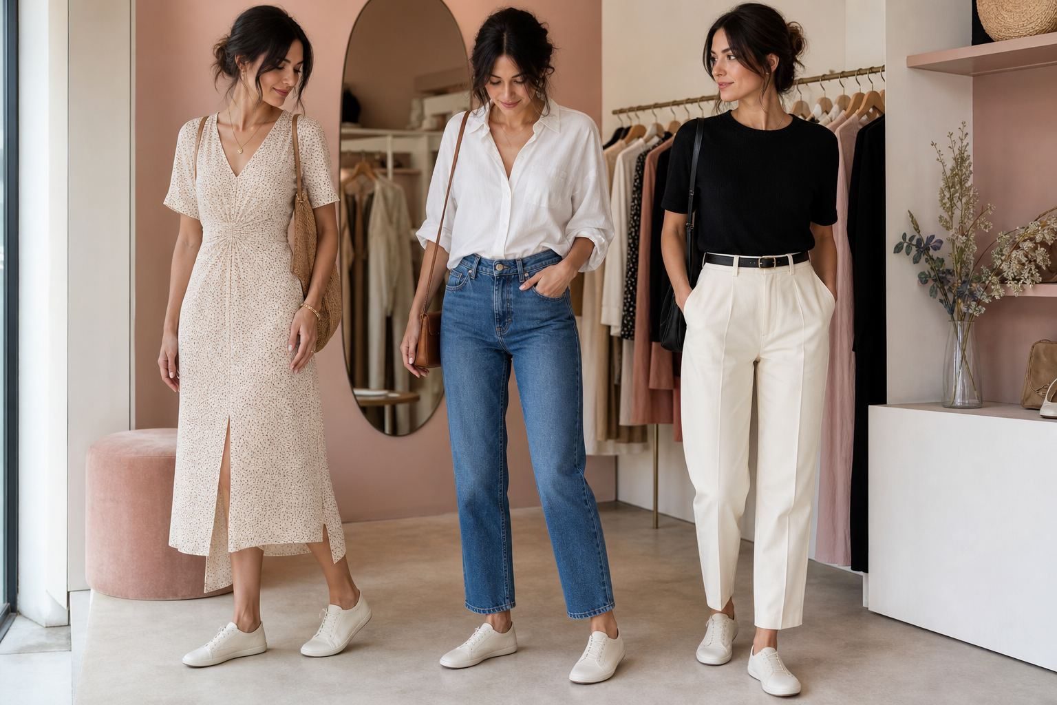 Tres looks de mujer con vestido midi, vaqueros rectos y pantalon de vestir combinados con sneakers barefoot blancas