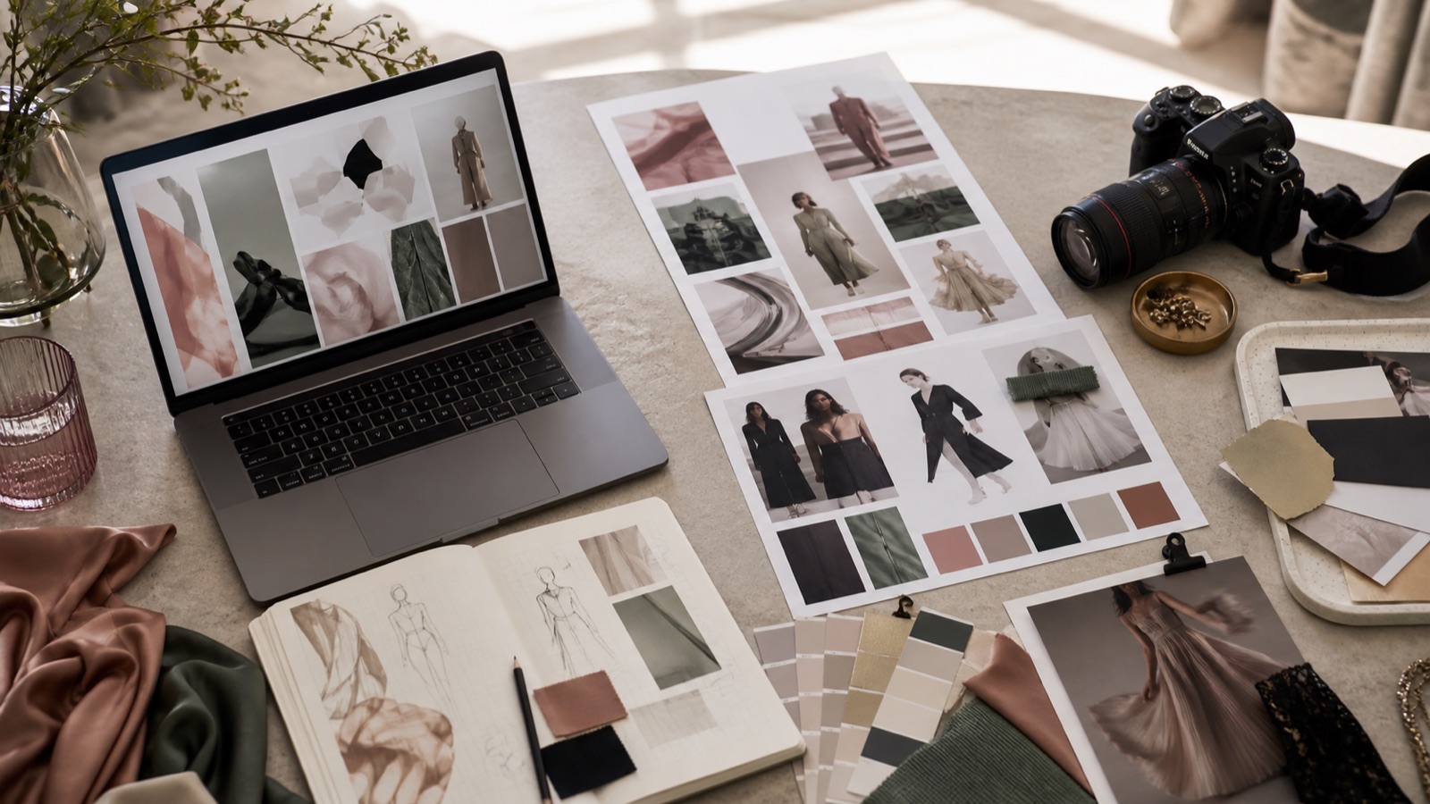 Mesa creativa con moodboards de moda, muestras de tejido, camara y portatil para planificar visuales editoriales con IA
