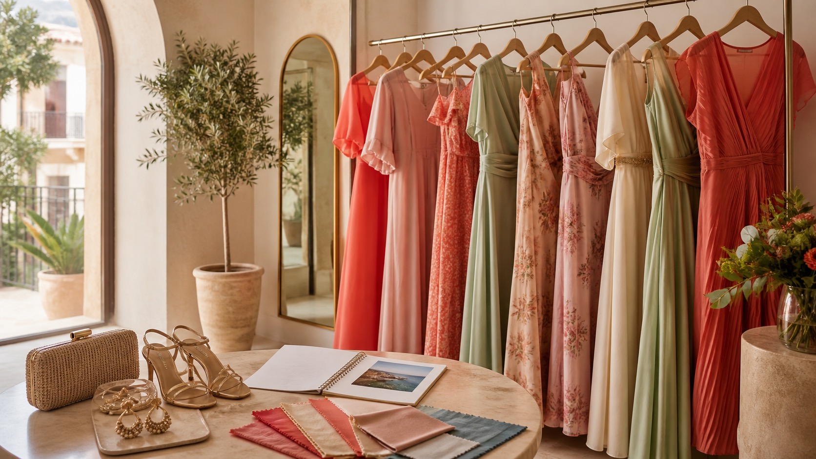 Boutique mediterránea con vestidos de invitada y complementos