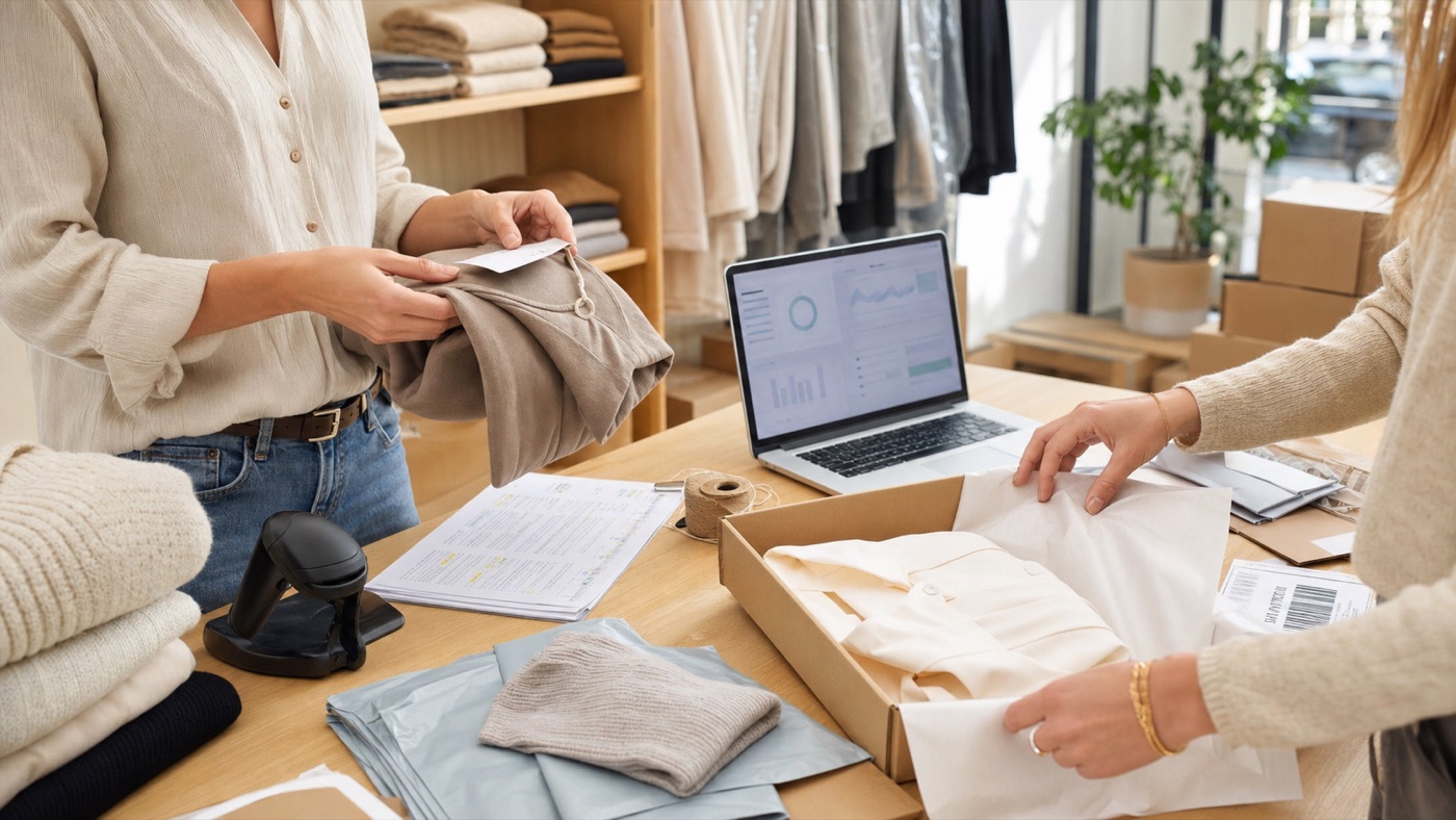 Mesa de preparacion de pedidos de moda con prendas, etiquetas, embalajes y control de stock