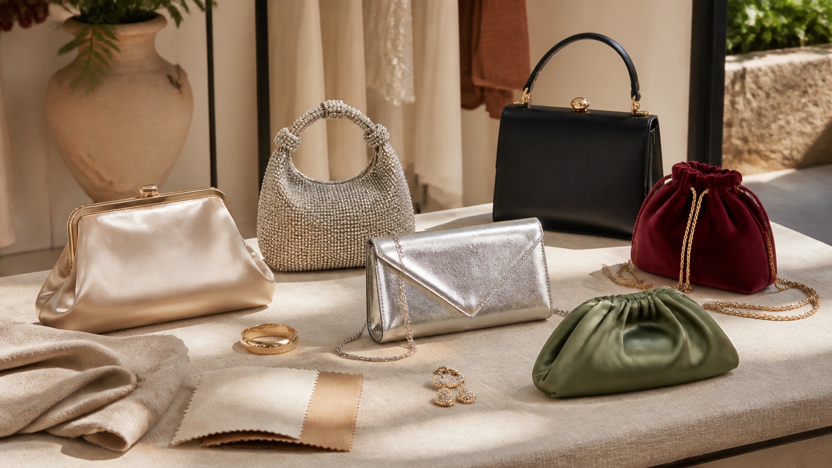 Bolsos para invitada con clutch satinado, bolso joya, cartera metalizada, bolso negro de asa corta y bombonera de terciopelo