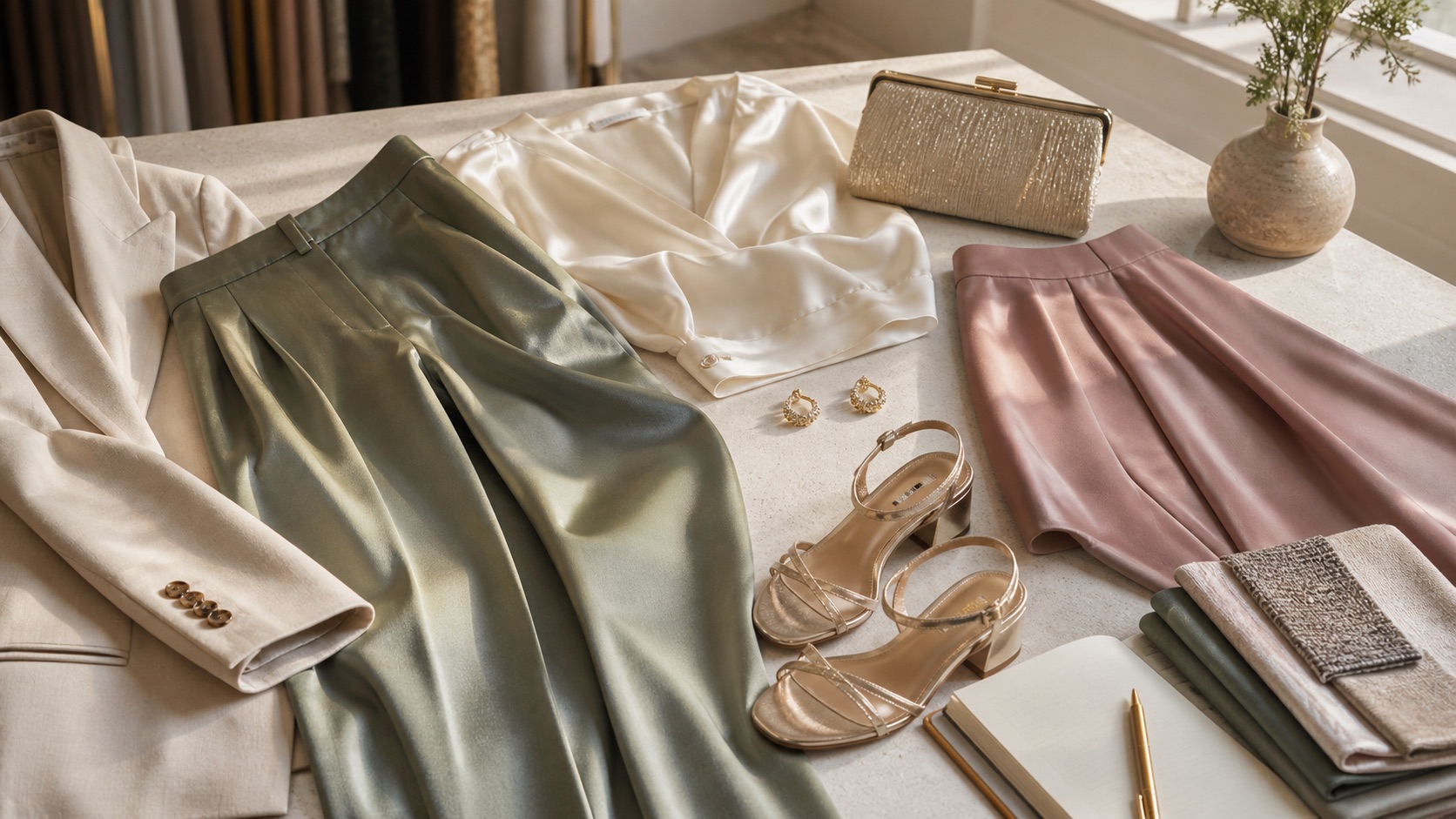 Conjunto de mujer para eventos con blazer claro, pantalon palazzo verde, blusa satinada, falda rosa, sandalias doradas y bolso de mano