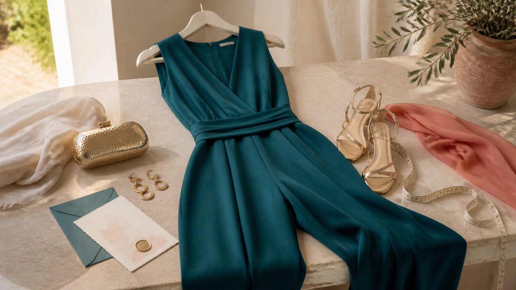 Mono de invitada verde azulado con sandalias doradas, clutch metalizado, pendientes, pañuelo coral e invitacion sin texto legible
