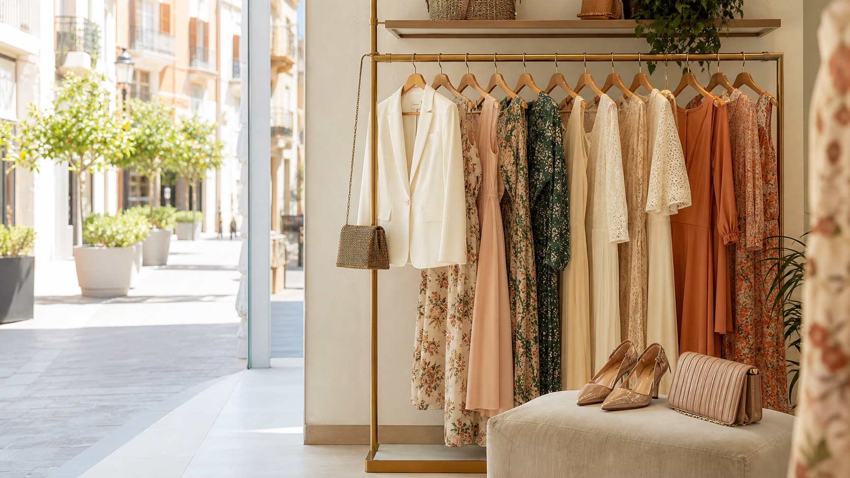 Boutique luminosa con vestidos, blazer, bolso y zapatos para elegir tiendas de ropa en Elda