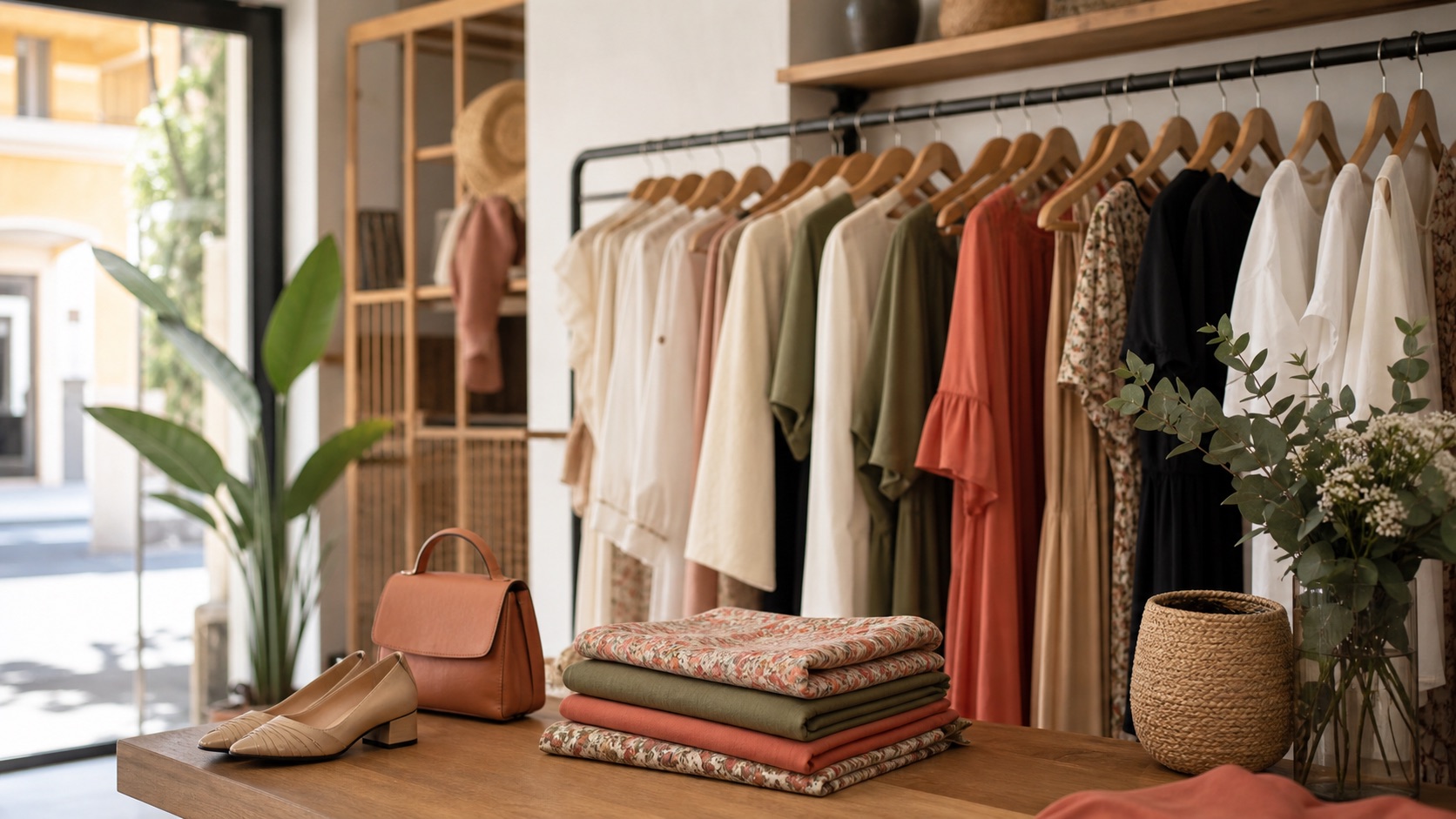 Interior luminoso de boutique con prendas, bolso y sandalias para elegir tiendas de ropa en Petrer