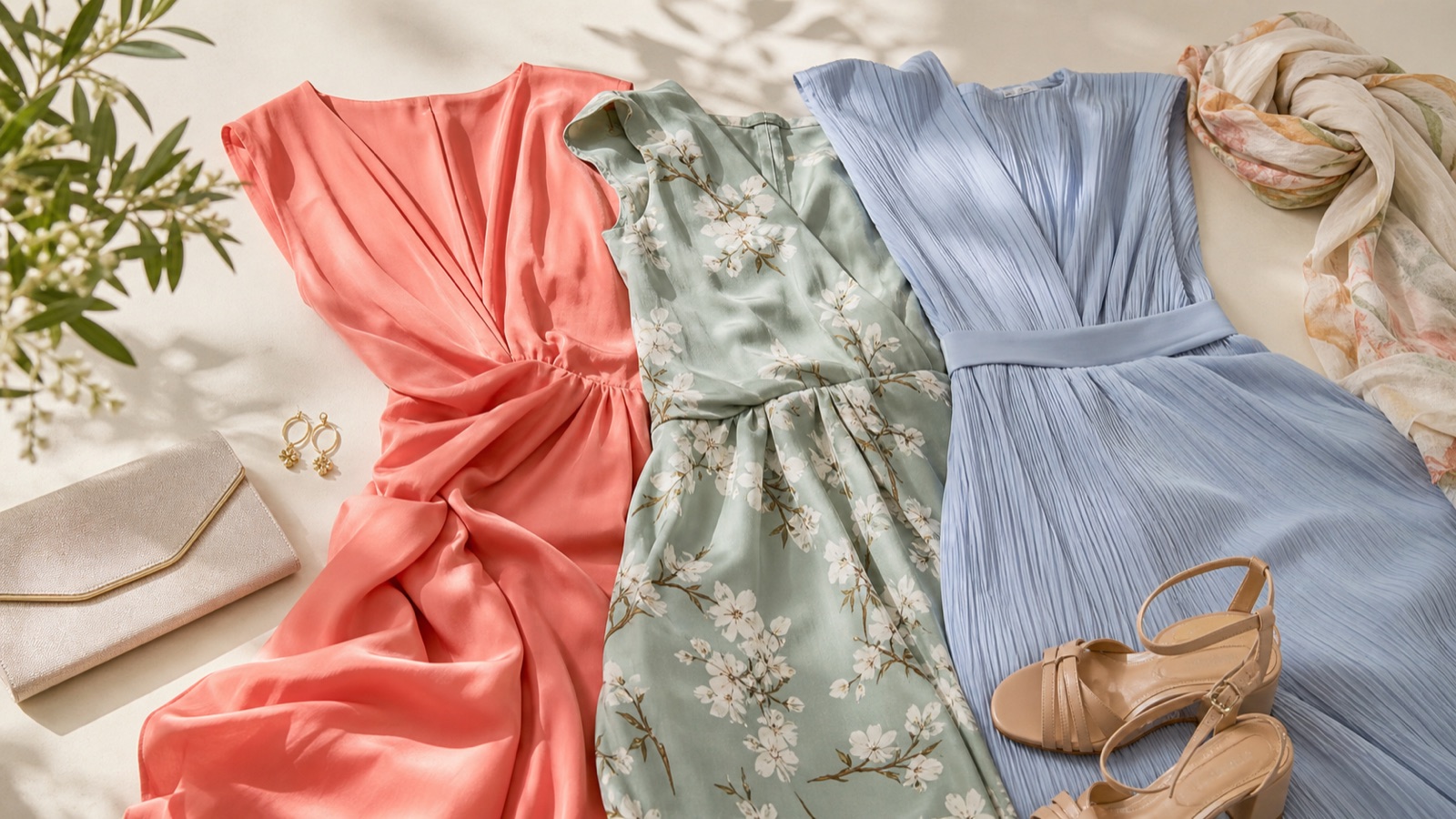 Tres vestidos para boda de dia en coral, verde floral y azul empolvado con bolso, sandalias y pendientes