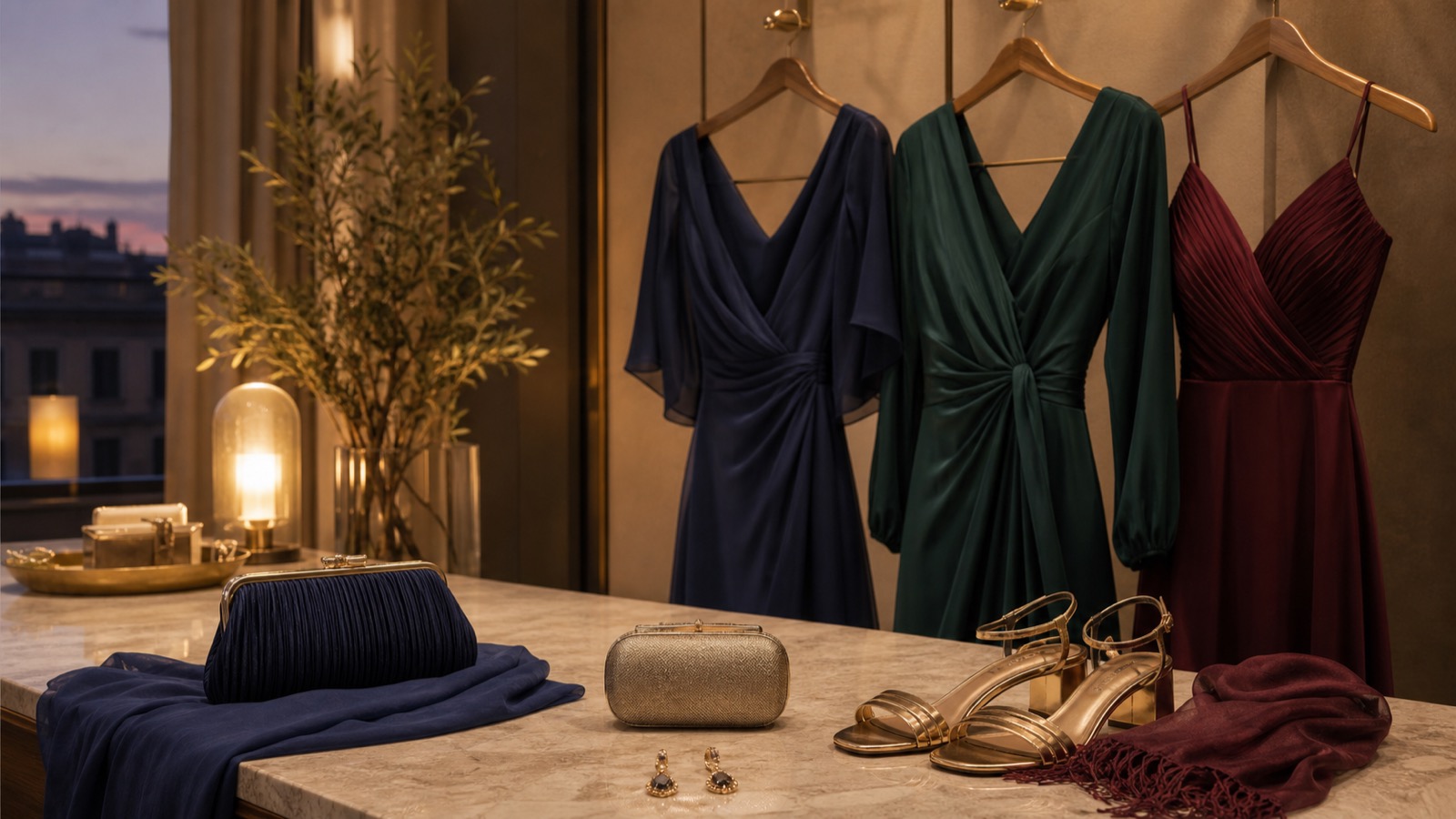 Vestidos para boda de noche en azul marino, verde esmeralda y burdeos con bolso, sandalias y pendientes dorados