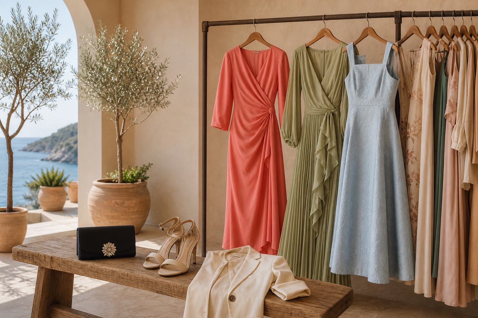 Seleccion de vestidos de invitada en tonos coral, verde oliva y azul con bolso, sandalias y blazer