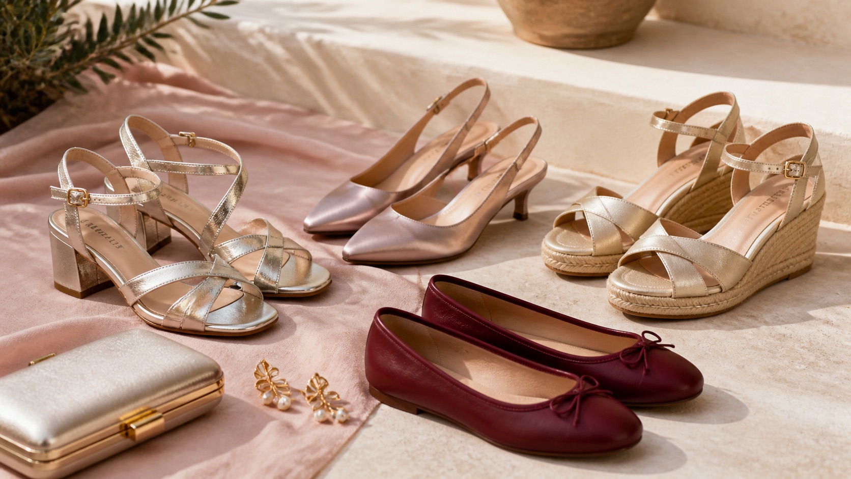Zapatos comodos de invitada con sandalias metalizadas de tacon ancho, slingbacks satinados, bailarinas burdeos y alpargatas de cuña