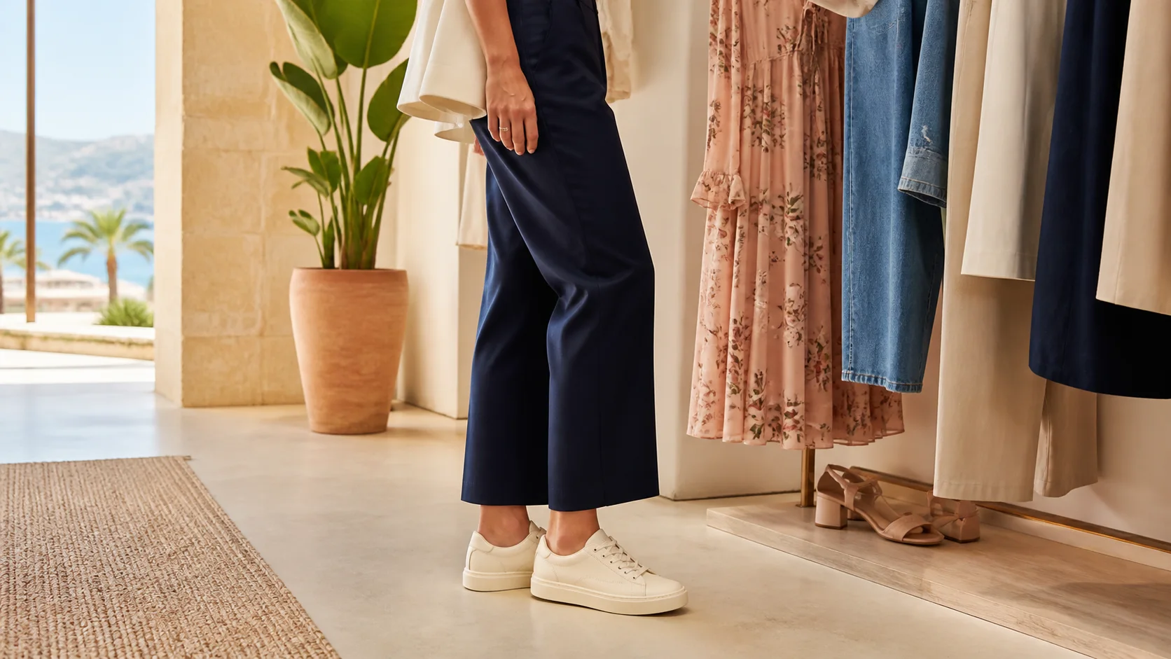 Mujer con pantalón sastre azul marino y zapatillas amplias color crema en una boutique mediterránea